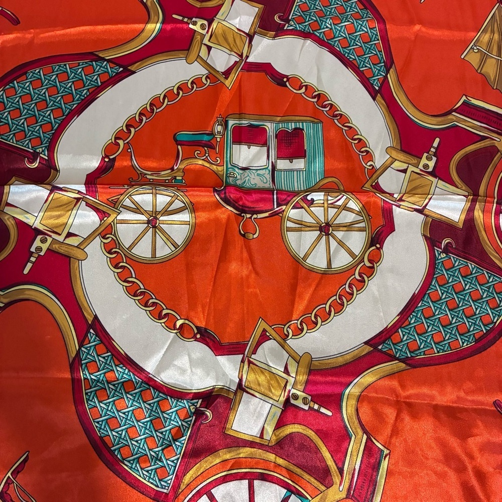 MOSI Orange, White & Gold Carriage-Print Silk-Feel Square Scarf - Picture 8 of 10